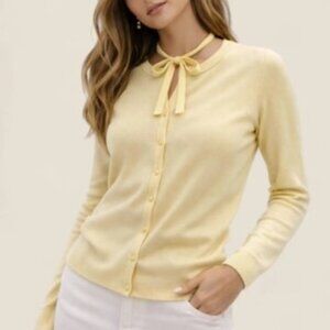 Butter Yellow knit button sweater w/ neck tie detail Carolyn Bessette Kennedy L
